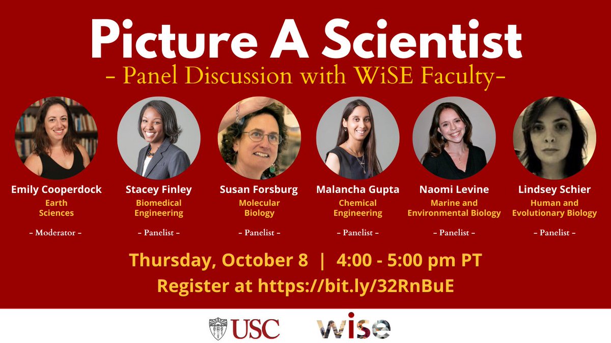 Don't miss out: WiSE faculty will be discussing the newly released film "Picture a Scientist" and what it is like to be a woman in STEM.⁠⠀
⁠⠀
Thursday, October 8, 4:00 - 5:00 pm PT⁠⠀
Register at bit.ly/32RnBuE

<a href="/USCDornsife/">USC Dornsife College of Letters, Arts & Sciences</a> <a href="/USC/">USC</a> <a href="/USCViterbi/">USC Viterbi School</a> <a href="/PictureaSciFilm/">Picture a Scientist</a>