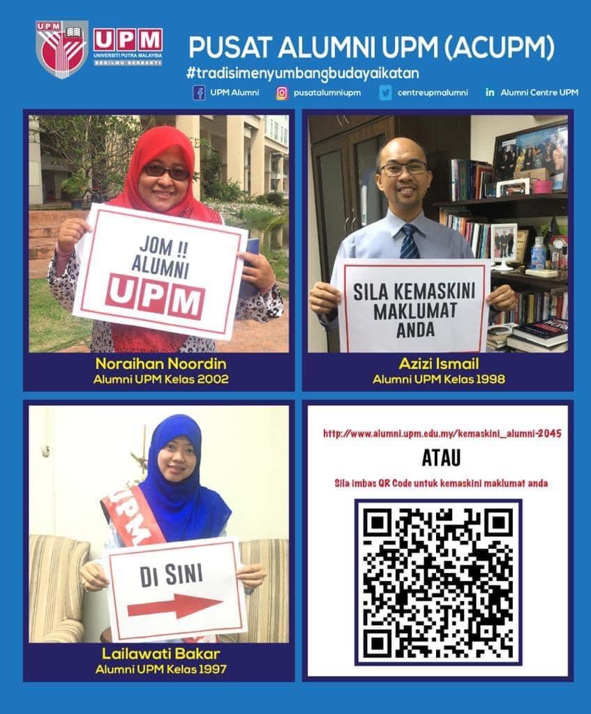 ARCentreUPM's tweet photo. Para Alumni UPM... jom sama2 kita perkasakan lagi agenda alumni UPM dengan kemaskini maklumat anda untuk memudahkan kami menjejaki alumni UPM bagi tujuan Memperkukuhkan lagi jalinan Alumni UPM #alumniupm #acupm #pusatalumniupm #alumnihebat https://t.co/NJZDbN9C34