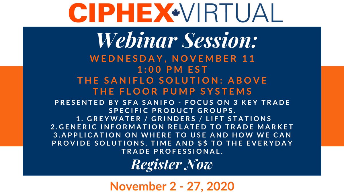 CIPHEXwest's tweet photo. CIPHEX Virtual Webinar Session: The Saniflo Solution: Above the Floor Pump Systems. Presented by @SanifloCan on Wednesday, November 11 at 1:00 PM EST. Learn more and register: https://t.co/LhjqrU5qRr
#plumbing #heating #hvacr #hvac #hydronics #hydronicheating #ciph #ciphexvirtual https://t.co/hcllBpCSmV