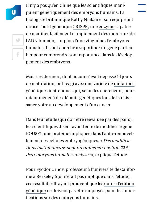 Enfin, c’est avec CRISPR que les 1er essais de modification de l’ADN d’un humain vivant, à visée « therapeutique », ont eu lieu à partir de 2017. L’Inserm fait aussi des recherches en ce sens pour développer pour l’industrie des anticancéreux hors de prix, avec l’argent public :  https://twitter.com/docteurgonzo4/status/1278863996309966848