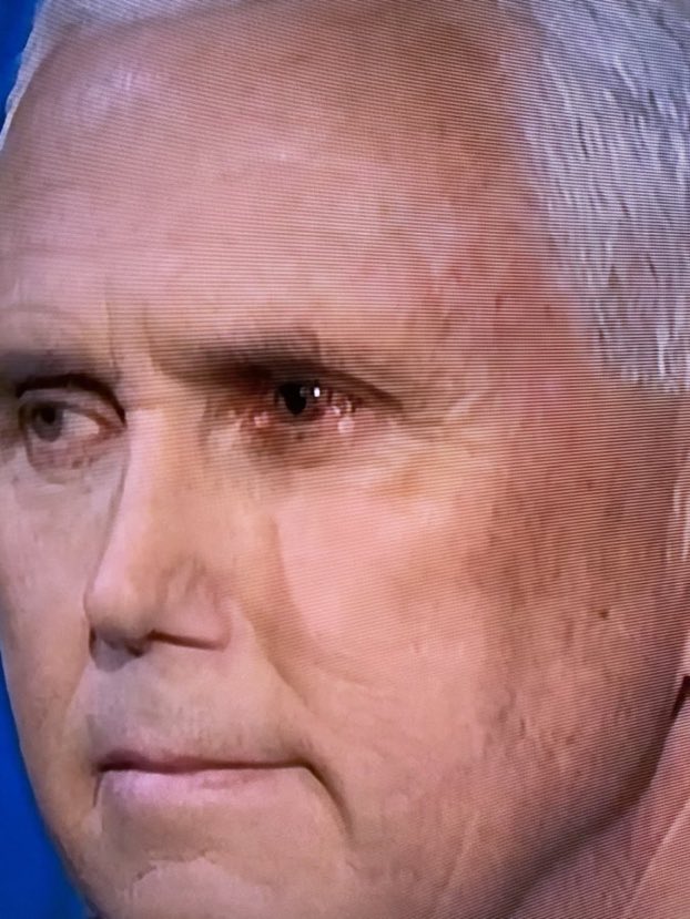 Mittruthteller's tweet photo. Does Pence have a demon eye? It all makes sense now lol 😂 he’s not the one in control. He’s possessed, cause you can definitely see that demon eye every time he looks over at Kamala #demoneye #VicePresidentialDebate #VicePresidentialDebate2020 #BidenHarris2020 https://t.co/vPMl4BNmQX