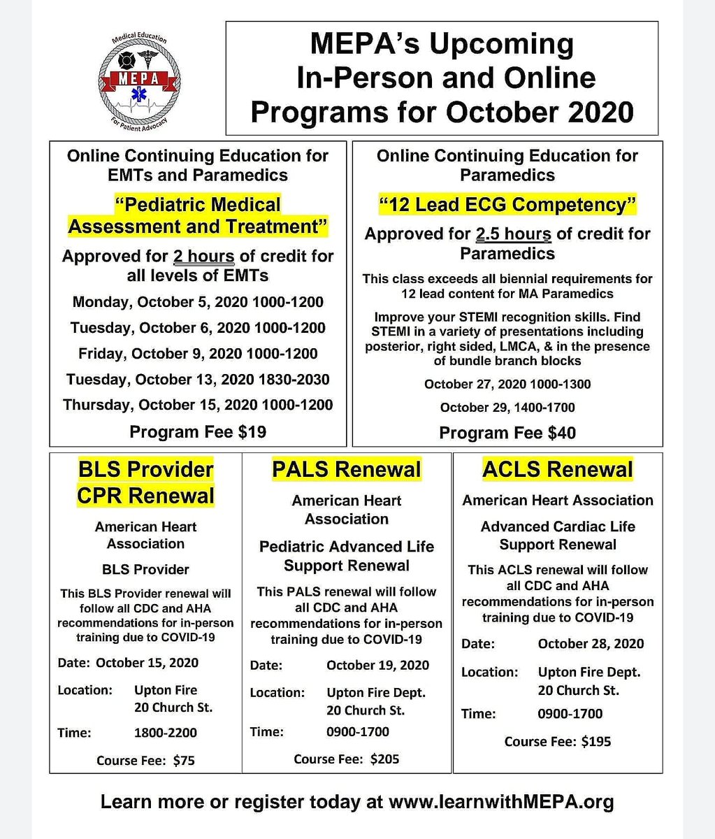 rgfdmedic's tweet image. Check out all that MEPA has to offer!  
#emtbforums #emtbasic #emtbnews #emtlife #emts #emtb #emt #acls #pals #blsprovider #paramedics #continuingeducation #paramedic #emseducation
#ems #emseducation