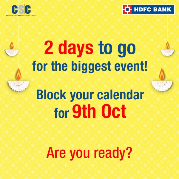dmjagdeep's tweet image. Block your calendar for 9th October 2020, #CSCREWARI &amp;amp; #HDFCBank is giving you all the reasons to smile wide as its wide range of offers will leave you with no other choice.

Just 1 days to go, are you READY?

#DigitalIndia #TransformingIndia  @ashi_apple @dintya15
