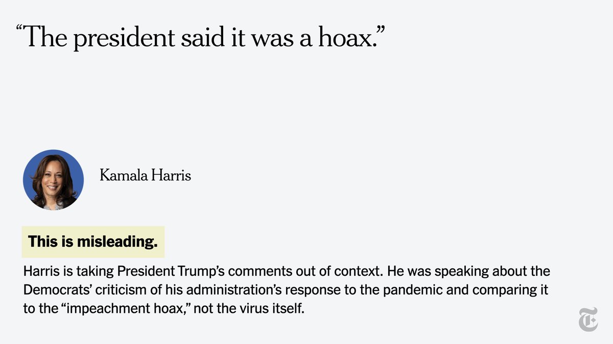 Kamala Harris made a misleading claim about the Trump administration’s response to the pandemic.Find all of our fact checks for the  #VPDebate   here.  http://nyti.ms/3jIq3tb 