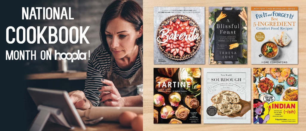 a photograph of a woman standing near a kitchen iisland looking at a tablet. Next to her are book covers of cookbooks
