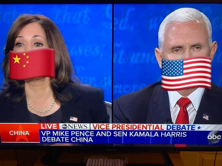 ChinaCharlesH's tweet photo. Nice to see everyone wearing their masks tonight! Be safe! #VPDebate @VP @KamalaHarris @realDonaldTrump https://t.co/q2QqHSPV2H
