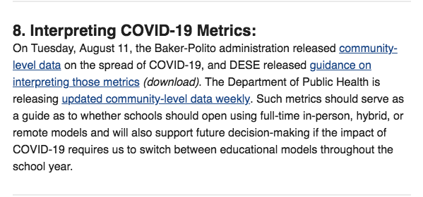 2/6 On Aug 17, DESE sent out guidance saying that districts should use DPH's color-coded, cases-per-100k metric to inform which learning model (remote, hybrid, in-person) they should be using.