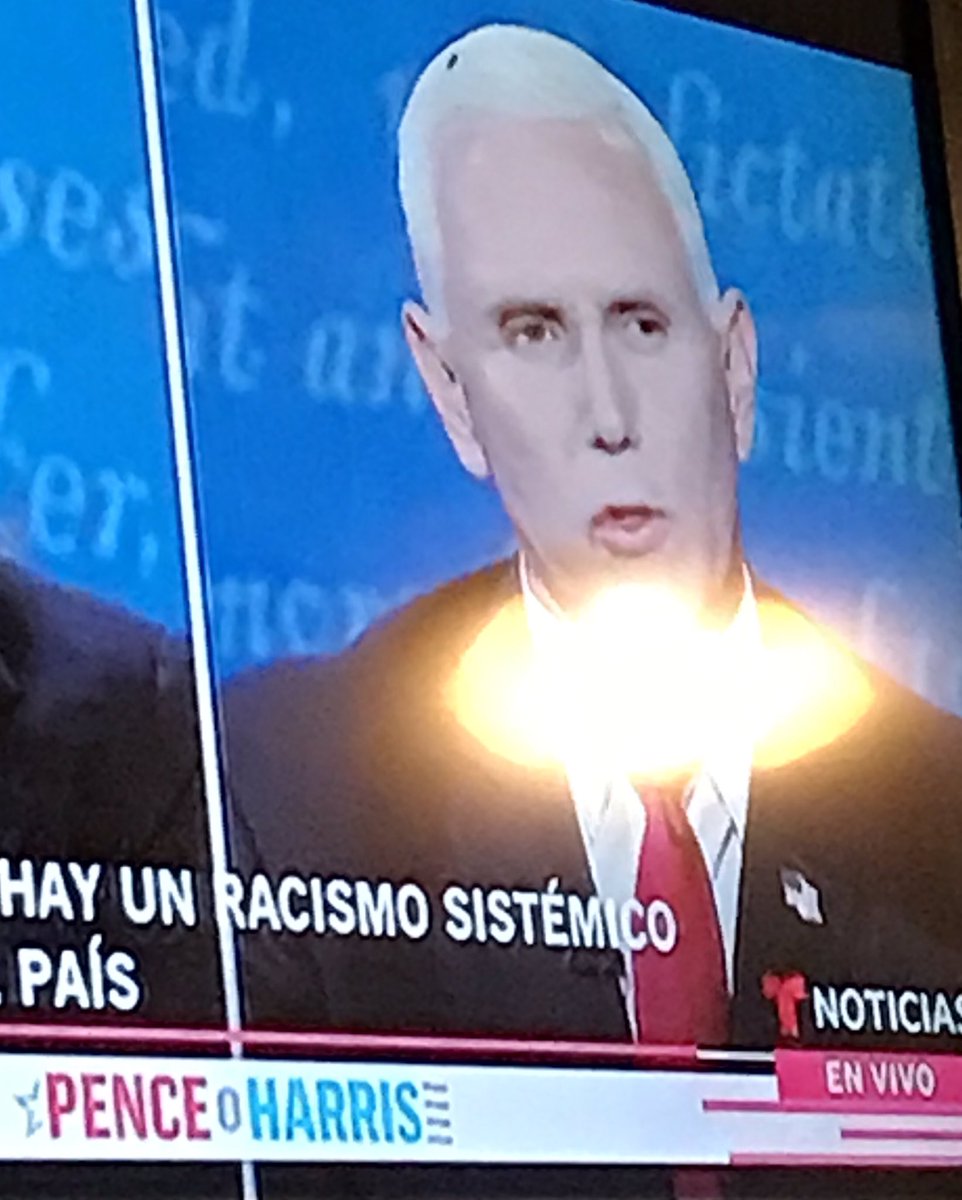 Oj5daX's tweet photo. You can tell that pence and trump are dirty evil people look at the fly by his idea on his hair that’s how you know they are not the right leaders for 🇺🇸! #Debates2020 #BidenHarris2020 https://t.co/iXQAMH4vSZ