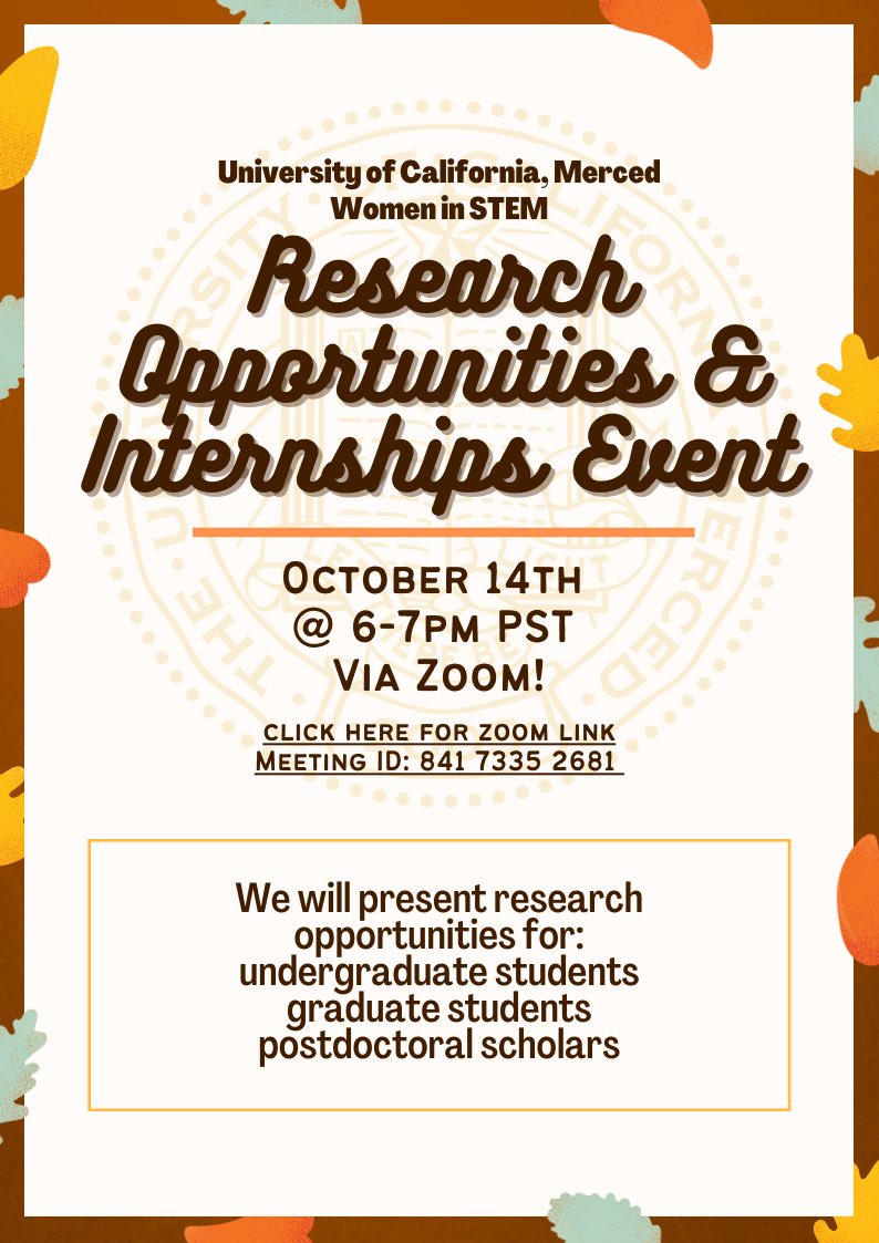 wstem_UCMerced's tweet photo. Please join us to hear about RESEARCH OPPORTUNITIES available!! Can’t wait to see you all there 🤍🍁🍂👥🤓 https://t.co/BZgjMOZNrQ
