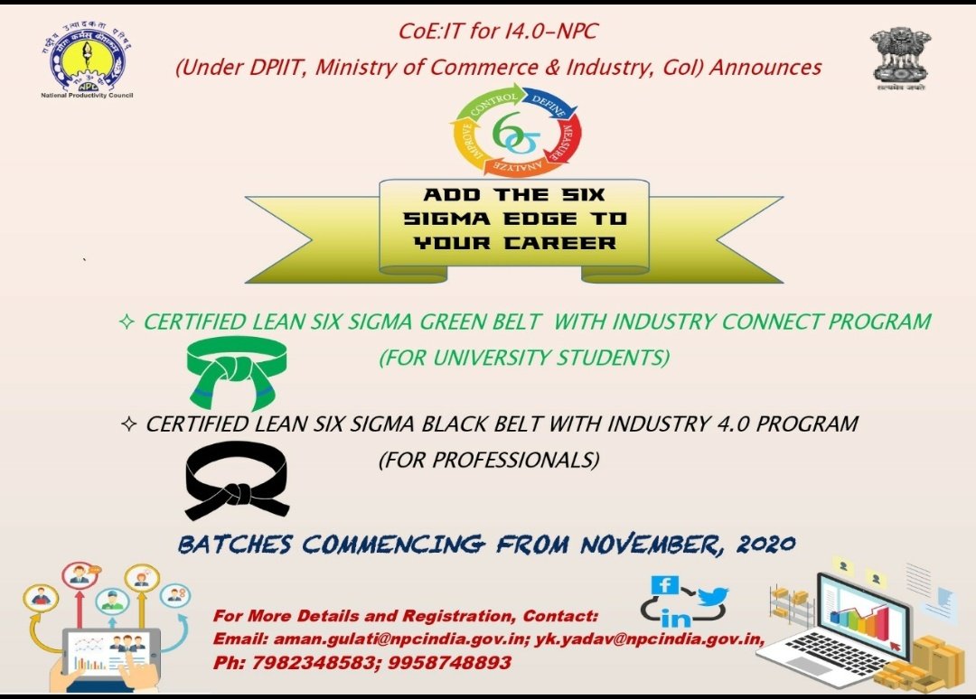 Do You want to stand out among the group?
Do you want an Analytics driven mindset for problem solving?
Get ready to kick-start your career with Certified Lean Six Sigma #GreenBelt and #BlackBelt with #Industry4.0 Programs of @NPC_INDIA_GOV. Batches starting from Nov, 2020
#NPC https://t.co/1ntGmODmHr
