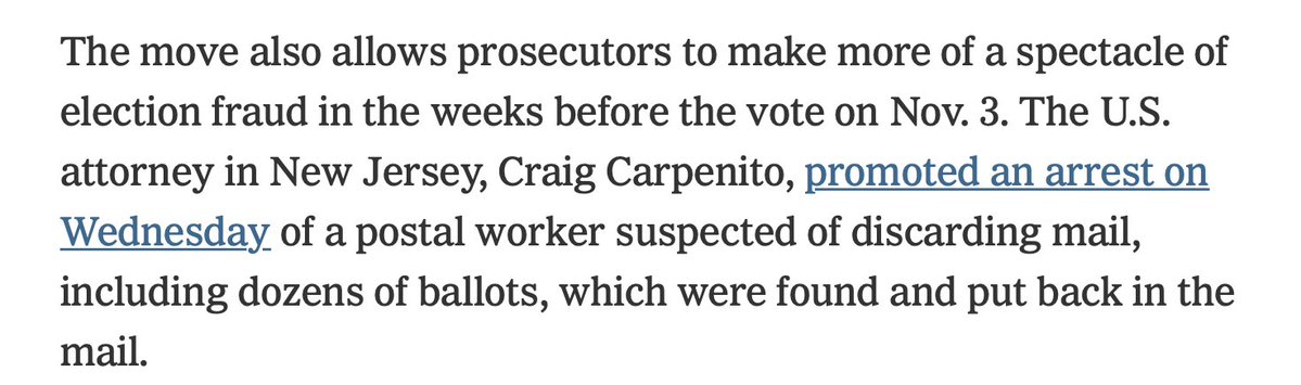 A democratic emergency. Allows DOJ to be further weaponized in the ongoing attack on the legitimacy of the election.  https://www.nytimes.com/2020/10/07/us/politics/justice-department-election-fraud.html