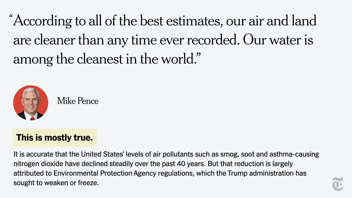 nytimes's tweet image. Mike Pence answered a question about the Trump administration's record on climate change by citing U.S. pollution levels.

Find all of our fact checks for the #VPDebate here. nyti.ms/3jIq3tb