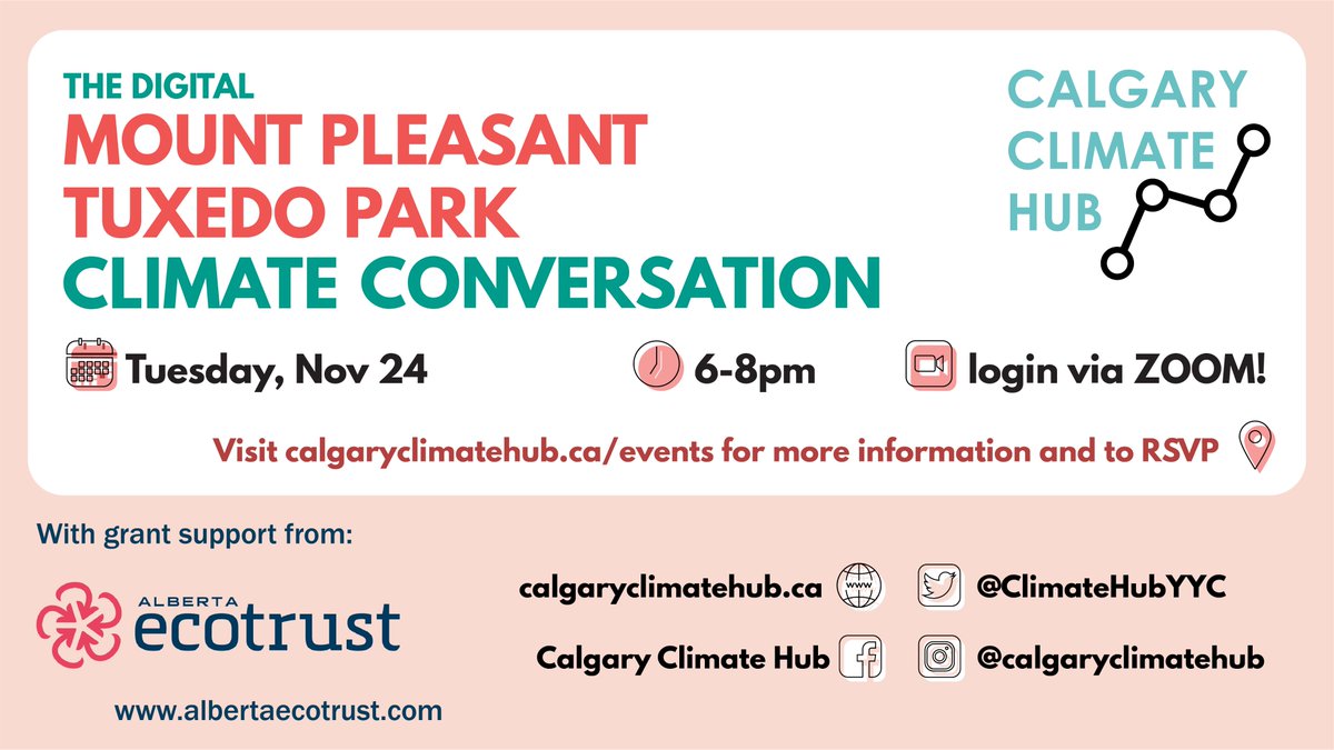 Attention climate-conscious #MountPleasant and #TuxedoPark Calgarians! The Hub is holding a Climate Conversation for your communities this November 24th at 7pm! Check it out! RSVP: calgaryclimatehub.ca/mount_pleasant… <a href="/MountPleasantCA/">Mount Pleasant YYC</a> <a href="/TuxedoParkYYC/">TuxedoPark Community</a>