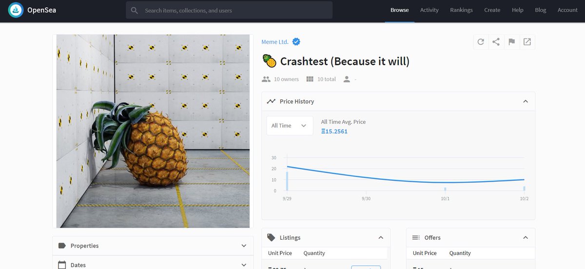 There are 10 copies of "Crashtest" in existence. That's all there will ever be. The cheapest one is listed for 23+  $ETH on  @opensea right now. The last one sold for just under 10  $ETH.9/x