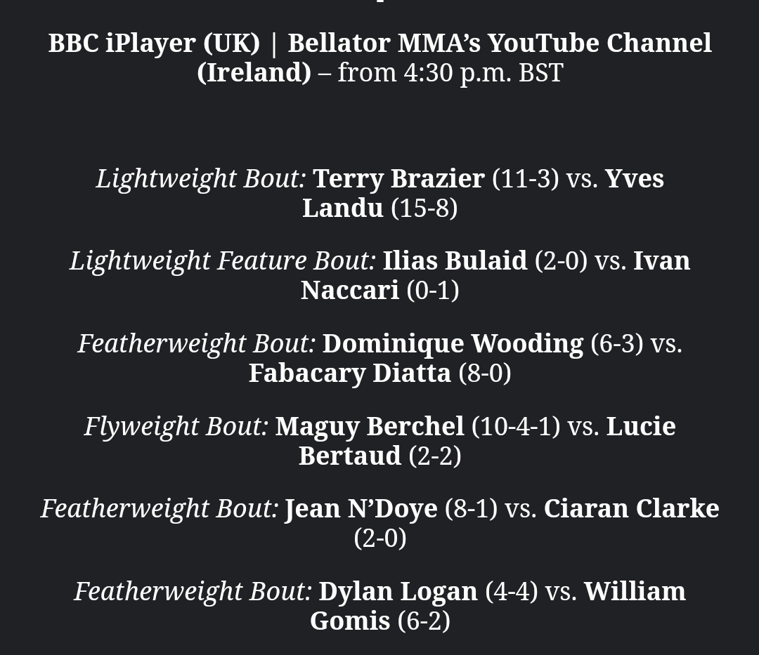 Following the conclusion of #Bellator248, the broadcast will roll directly into the #BellatorES10 prelims, again on the 🇬🇧BBC iPlayer/🇮🇪 Bellator YouTube

Start time will be dependant on the conclusion of Bellator 248.