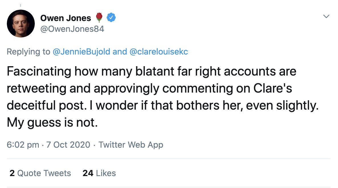 Fascinating how many blatant Far Right accounts (Duke, Anglin, Griffin, Irving, Stormfront, Daily Stormer, etc.) were stanning for the absolute boy that Owen so actively tried to put into power. I wonder if that bothers him, even slightly. My guess is not.   @clarelouisekc