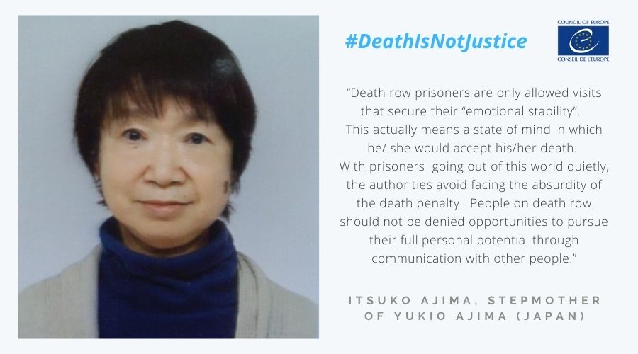 The #WorldDayAgainstDeathPenalty reminds us that everyone’s life is precious.

Discover today the testimony from Itsuko Ajima, stepmother of Yukio Ajima, executed in 1994 in #Japan.

ℹ️ Follow our campaign #DeathIsNotJustice and find out more here bit.ly/2Gp3Xh8