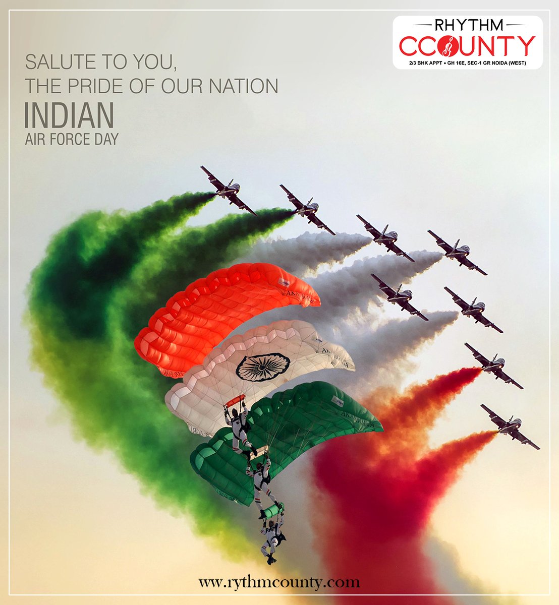 RhythmCCounty's tweet photo. On Air Force Day, we proudly honour our air warriors, veterans, and families of the Indian Air Force. The nation remains indebted to the contribution of the IAF in securing our skies and assisting civil authorities in Humanitarian Assistance and Disaster Relief. https://t.co/BNkFOOp7Ym