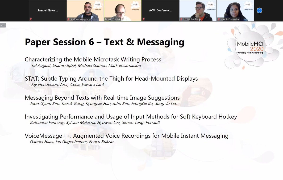 For our last session of today, we have Paper Session 6: Text &amp; Messaging​. Morning session hosted by SC Paweł W. Woźniak and Andreas Komninos. Evening session hosted by SC Andreas Komninos, Niels Henze. Join us at mobilehci20.clowdr.org! #MobileHCI2020