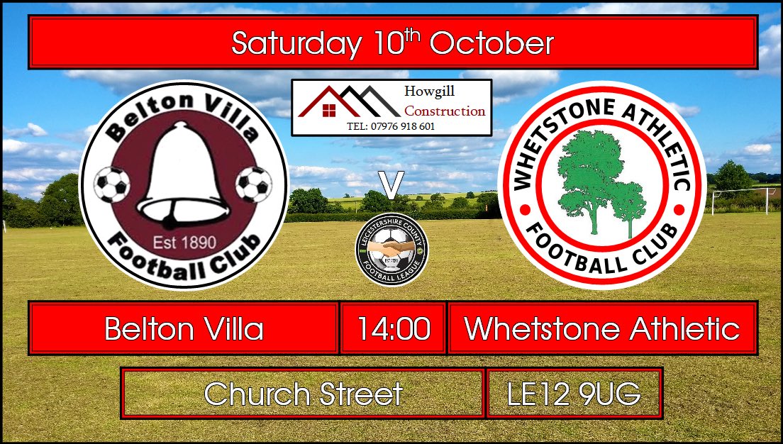 Next up...

🆚 <a href="/BeltonVilla/">Belton Villa FC</a>

🏆<a href="/LeicsCFL/">LCFL Sponsored by Uptonsteel</a> Prem

🗓 Saturday 10th October

🕑 2pm kick off

📍 Church Street | LE12 9UG