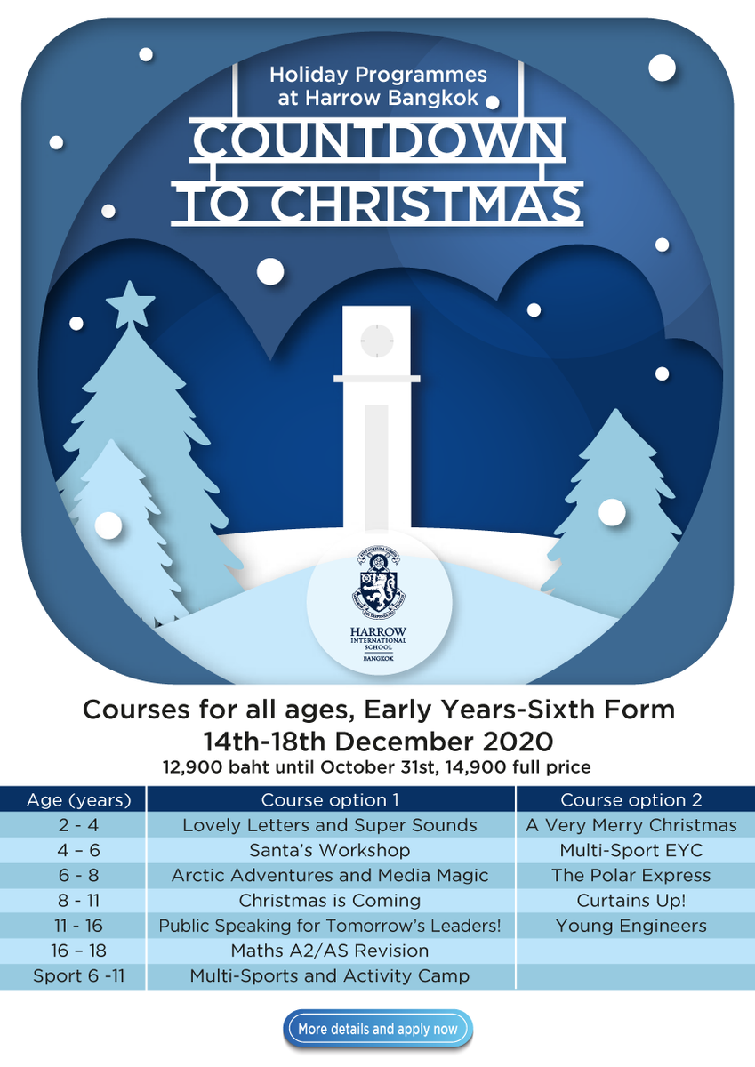 Christmas Camp is coming! 🎅
Our Christmas-themed activities programme is on between 14th-18th December with courses available for children aged 2-18 in ✅Art ✅Drama ✅Engineering ✅Music and more! Find out more and apply at harrowschool.ac.th/about-us/holid…

#HarrowBangkok