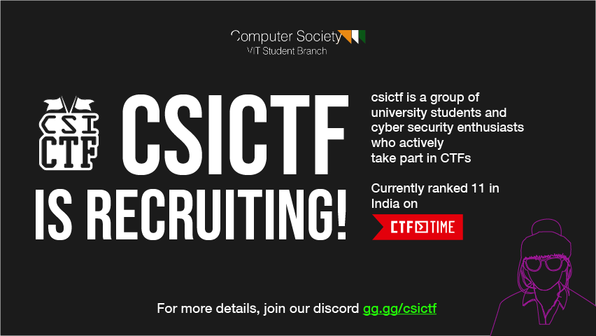 csivitu's tweet photo. csictf is recruiting!
https://t.co/trinJU9dWU
#ctf #cybersecurity #security #hacking #csivit #capture_the_flag #collabs #automation #deployment #cicd #c #buffer_overflow #bot #python #discord #kubernetes #k8s #infrastructure #host_ctf #ctfd #csictf2020 https://t.co/W3BmygR54X