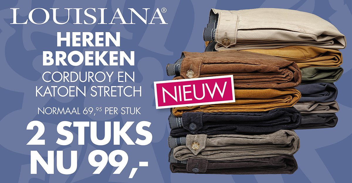 Nu in onze winkels in Wilp en Den Bosch en in onze webshop Louisiana broeken, in corduroy of katoen stretch kwaliteit, 2 stuks voor slechts 99,-! De actie geldt zolang de voorraad strekt. bit.ly/2GJV3dT
In onze winkels volgen wij de richtlijnen van het RIVM.