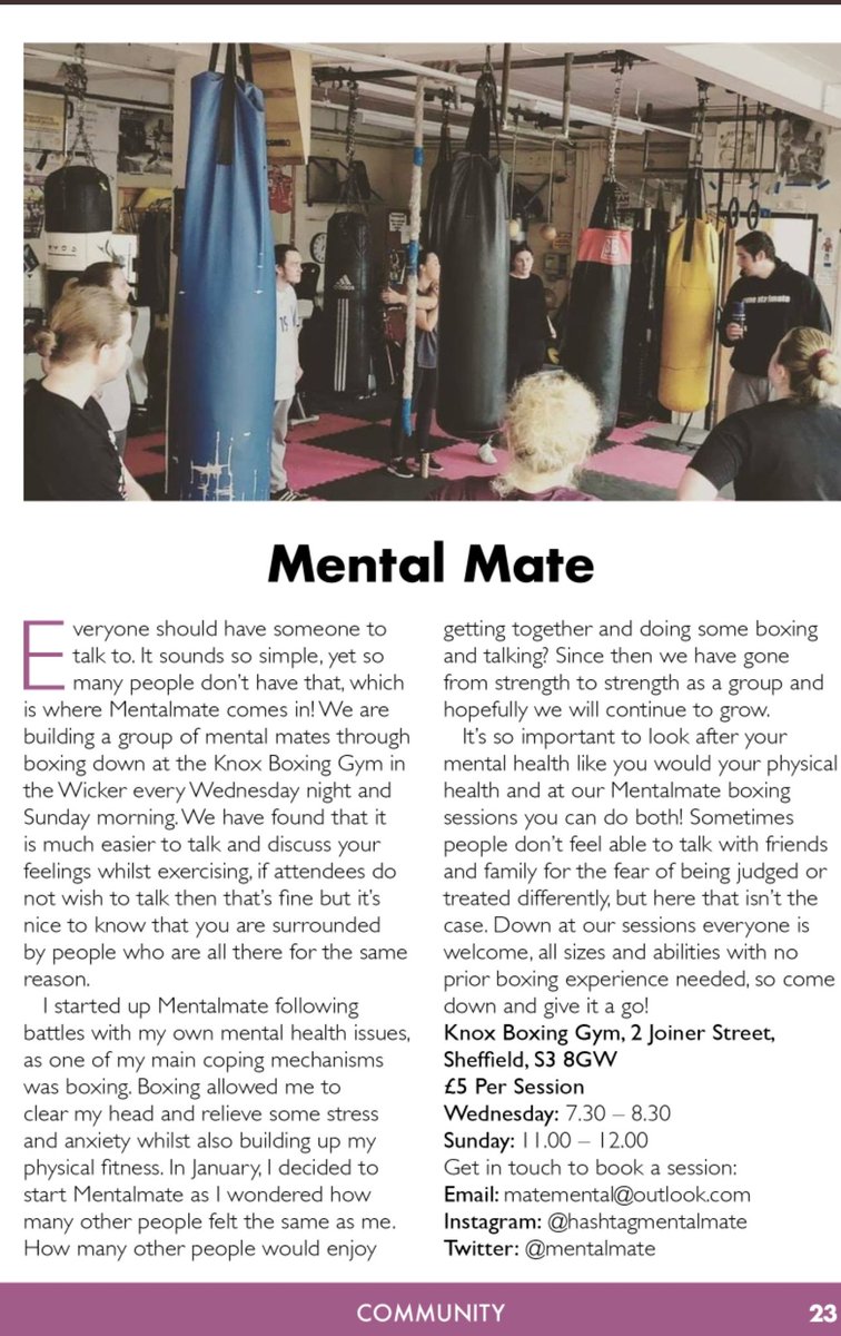 Check out our article in the <a href="/SteelmekkerM/">Steelmekker - Sheffield's True Community Magazine</a>, it explains a little more what #mentalmate is all about. Please Retweet to help us spread awareness👍🏻👊🏻🥊

#boxing #mentalhealthawareness #mentalhealthmatters #mentalhealth #Sheffield #Sheffieldissuper #mentalfitness