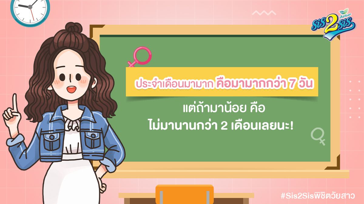 sis2sislaurier's tweet photo. ซิสจ๋า โดยทฤษฏีแล้ว หากประจำเดือนมามากกว่า 7 วัน คือประจำเดือนมามาก ส่วนประจำเดือนมาน้อย คือไม่มานานกว่า 2 เดือนจ้า

ติดตามสาระดีๆ เพิ่มเติมได้ที่ : https://t.co/3TNDThYY86

ส่วน���นครั้งหน้าจะมาไขข้อสงสัยอะไรต้องรอติดตามกัน!

#Sis2Sisพิชิตวัยสาว #ดราม่ามาหาซิส #Sis2Sisbylaurier https://t.co/oyCMCVYCfg