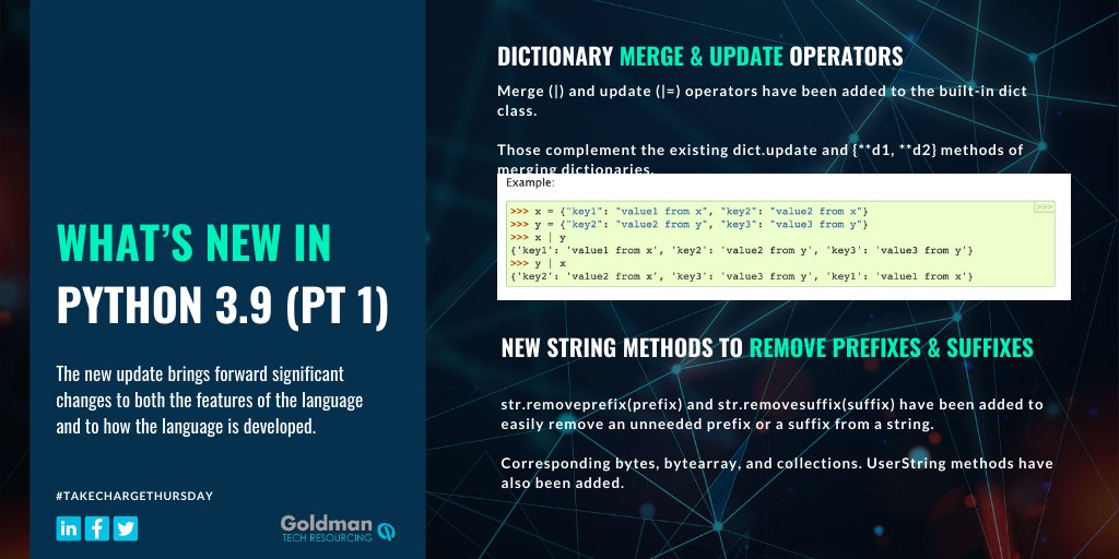 GoldmanGlobal's tweet photo. #Python 3.9 is here! 👏 While beta versions have been available for some time, the first official version of Python 3.9 was released on earlier this week. #TakeChargeThursday and check out the full list of updates - https://t.co/OwLXpTjmdT #GoldmanTechResourcing #JobSeekersSA https://t.co/Kkt6dB11bu