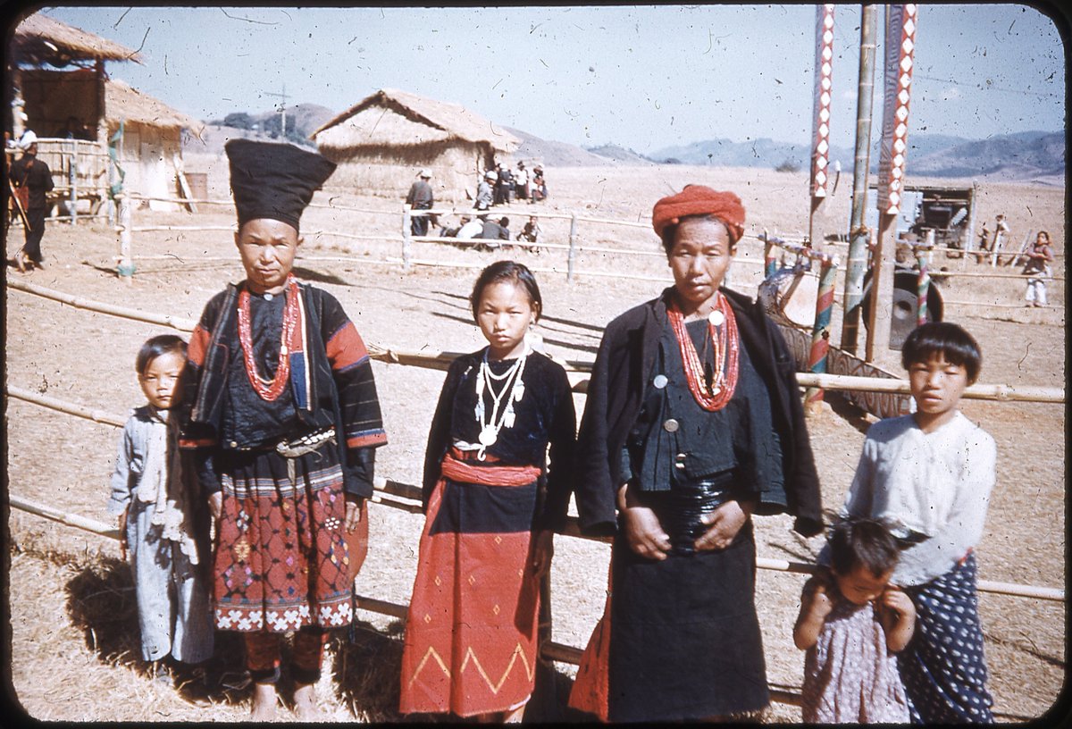 Just digitized the color film slides from early 1950s Burma; here's one I liked from Kutkai, Burma of Kachin people. The dust....I've always been a bit messy when I scan film. 
