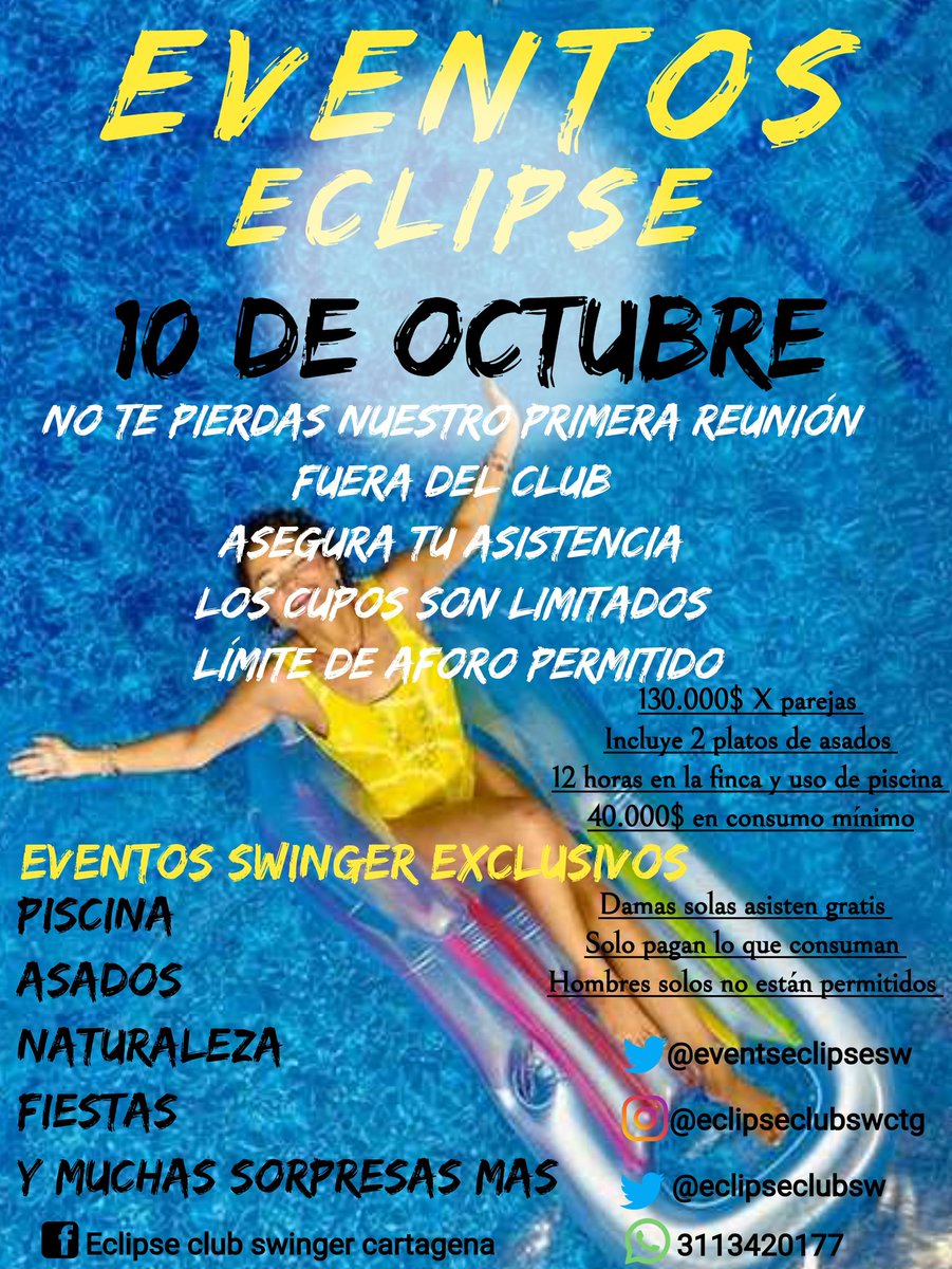 eventseclipsesw's tweet photo. Más información preguntar por WhatsApp, mensajes privados o llamada.
Atrévete a vivir una experiencia en medio de la naturaleza con piscina y asado no te lo pierdas y recuerda que los cupos son limitados.
#swingercartagena
#swingerencartagena
#clubswingercartagena. https://t.co/GMGZFmBM8B