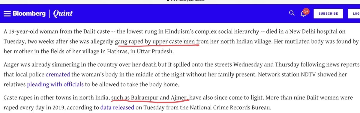 BloomsbergMentions accused as “upper caste men” in HathrasFails to mention identity of accused in BalrampurCommentary on Hindu caste system