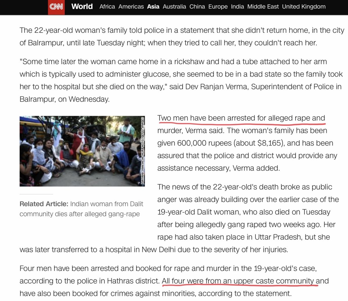 CNNMentions accused as being from “upper caste community” in HathrasFails to mention identity of accused in Balrampur. Just writes “two men”Commentary on Hindu caste system