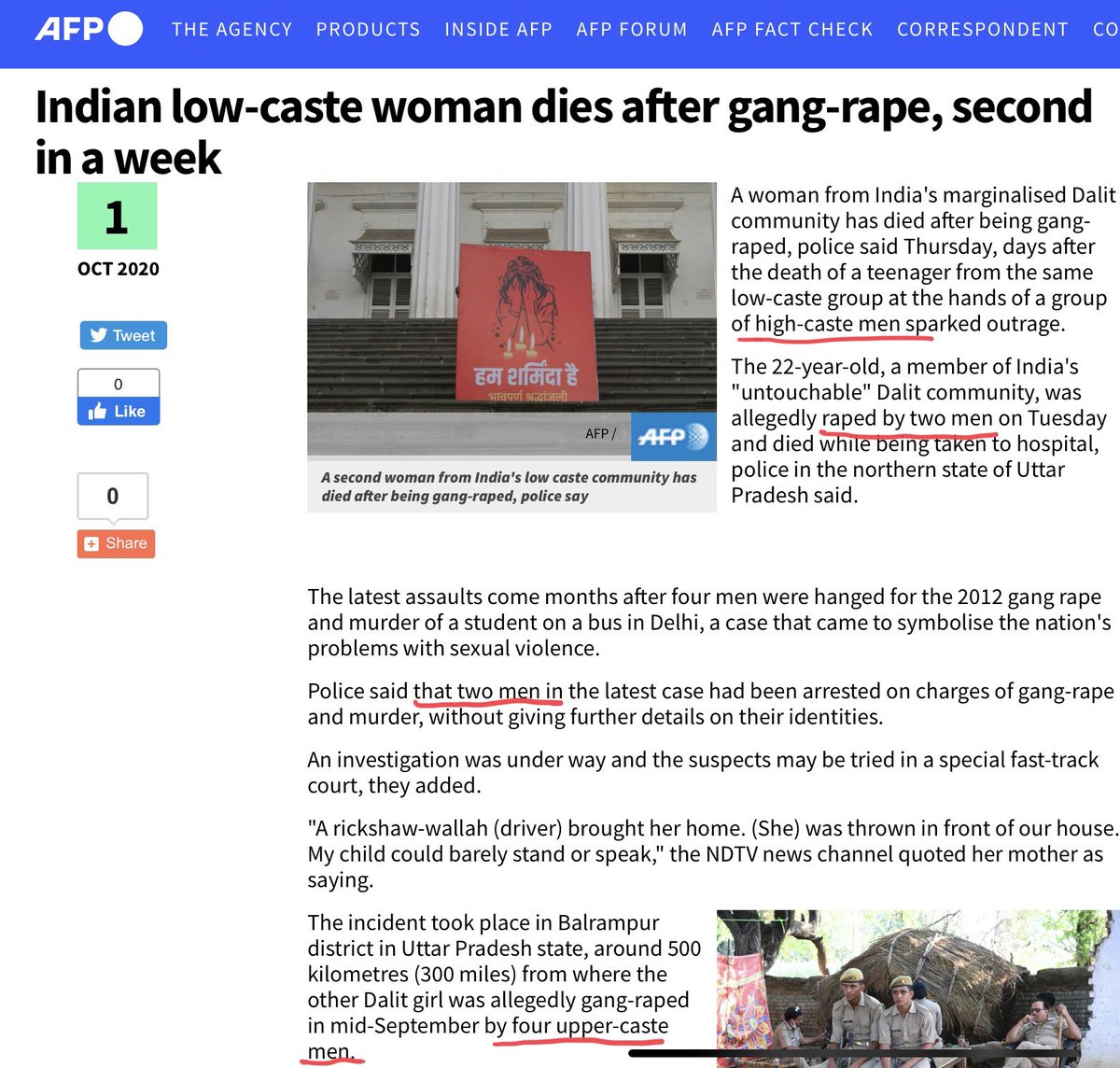 AFPAccused in Hathras mentioned twice as “upper-caste men”Accused in Balrampur mentioned twice as “two men”