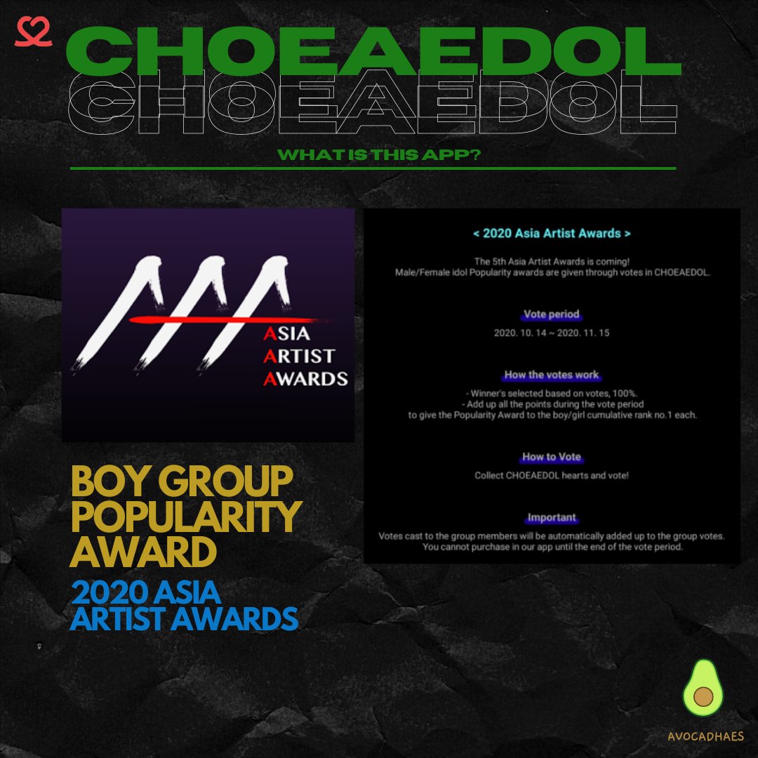 ASIA ARTIST AWARDS 2020Please download CHOEAEDOL now and earn hearts. AAA voting will start on October 14 until November 15.  #SUPERJUNIOR won 2 awards last year.  @SJofficialHere’s a tutorial in DIFFERENT LANGUAGES on how to earn points and voting tickets:
