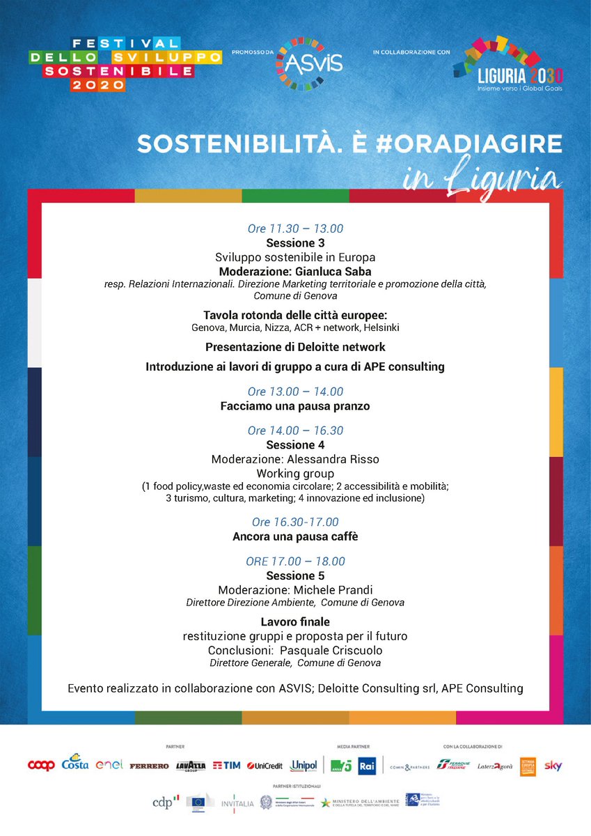 #FestivalSviluppoSostenibile 2020.
Agenda di oggi. #8ottobre
#ORADIAGIRE
#Liguria 
#sostenibilità  
<a href="/ASviSItalia/">ASviS</a> 
<a href="/ComunediGenova/">COMUNE DI GENOVA</a>