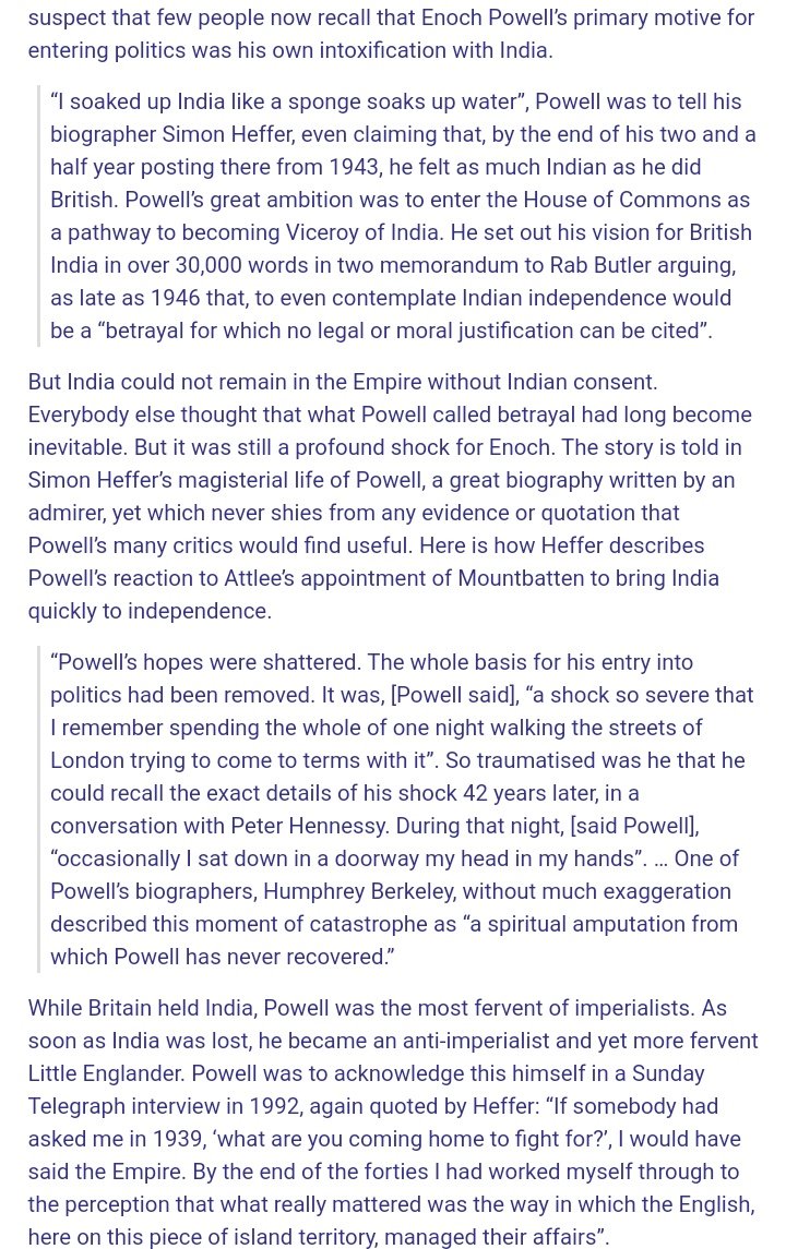 As one of Powell's biographers wrote, the end of Empire and loss of India was experienced by Powell as a "spiritual amputation" from which he never recovered. ("I feel as Indian as I do British" he wrote to his parents in 1942, a generation before 1968) http://www.britishfuture.org/articles/commentary/powell-more-prophet-than-politician/