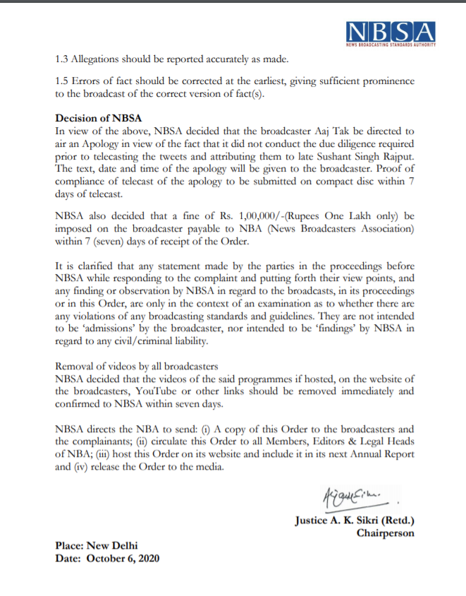 [Breaking] NSBA Imposes a fine of Rs One Lakh to  @aajtak for telecasting fake tweets relating to actor late Sushant Singh Rajput. #SushantSingRajputDeathCase  #FakeNews