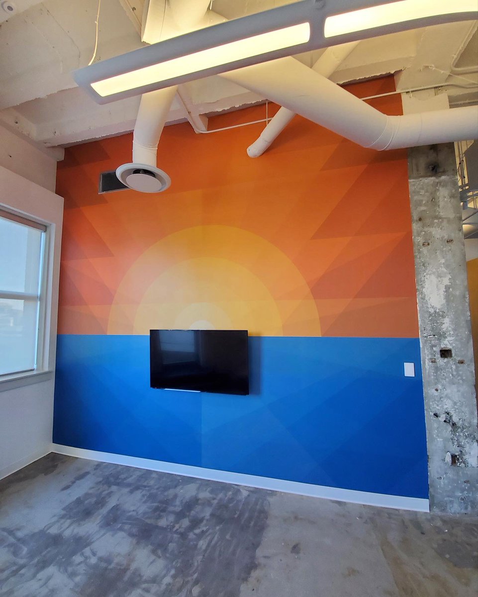Atomos's tweet photo. Ninety years ago today on October 7th, 1930, #Vancouver’s Marine Building was born. As a homage to this art deco masterpiece I am honoured to have created this sunset installation for @d2l’s new office space. #mural #sunset #art #atomos #markpilon #marinebuilding https://t.co/5Kws4lCc5p