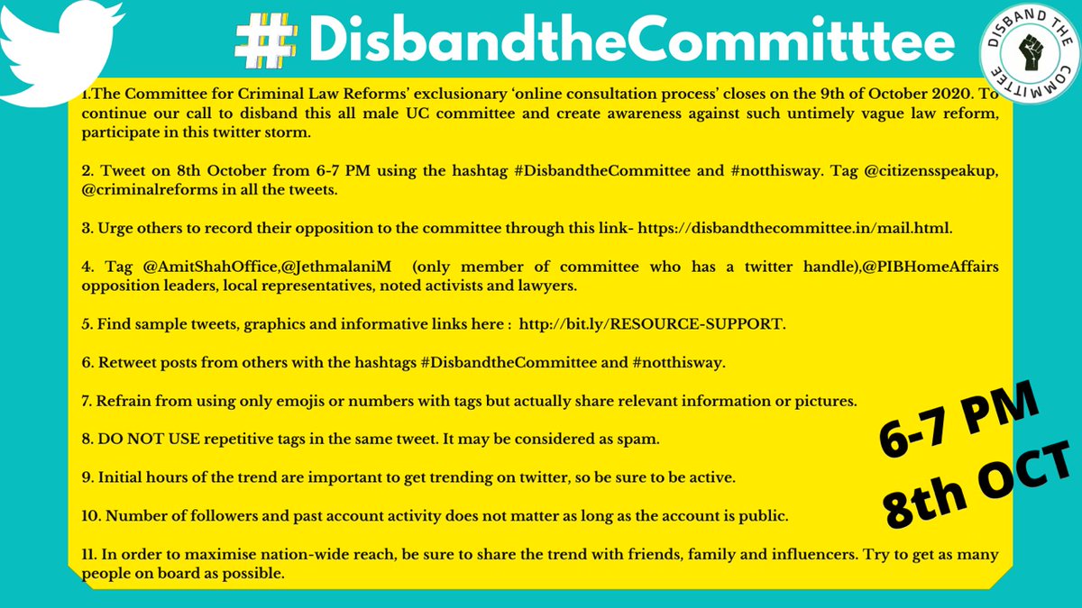 Twitter storm to call to  #DisbandtheCommittee Today, 8th October 2020.6-7 PM. Guidelines and resource info in the poster below. Maximise nation-wide reach by sharing the trend with friends, family and influencers. Try to get as manypeople on board as possible.