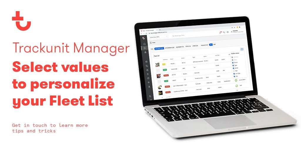 trackunit's tweet photo. Get a custom overview of your fleet. Personalize your Fleet List in the Trackunit Manager, select values such as; brand name, type, serial number, VIN, activity level, and many more. Get in touch, learn more. https://t.co/WOwJ7kmeKB
#fleetmanagement #trackunitmanager #managertips https://t.co/Ah8ACvSjKW