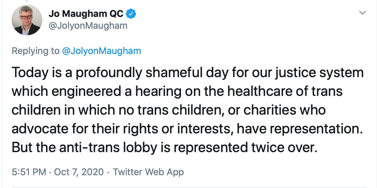 Extraordinary manipulation of the facts. Keira Bell's case is not about "trans children", it's about gender dysphoric children. Her very point is we can't assume GD children are trans, even when they insist they are, because they may later realise, like Keira, that they are not.