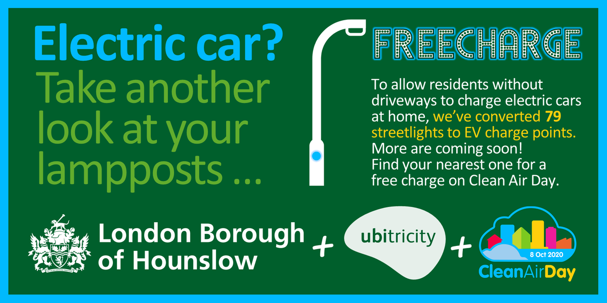 LBofHounslow's tweet image. Electric vehicle owners - Don't forget your charging cable when you leave home as @ubitricity are marking #CleanAirDay by offering free charges from their charge points today.
Find your nearest charge point here: portal.ubitricity.co.uk/map #ubitricity #cleanairday2020