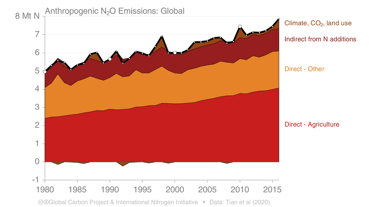 4. Anthropogenic sources:* Agriculture: Fertilisers & manure (50%, ↑1.4%/yr)* Other: Fossil fuels, industry, wastewater, biomass burning (25%, ↑0.9%/yr)* Indirect: Transport to ecosystems by land, water, & air (15%, ↑1%/yr)* Feedbacks: 10%, increasing but high variability