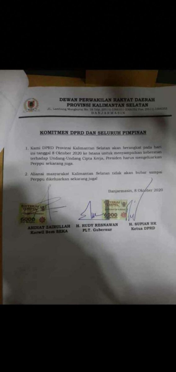 Alhamdulillah dari Banjarmasin para mahasiswa menang😭😭🤲

Semoga dari daerah-daerah yg lain menyusul😭 Bantu sebarkan.

#MahasiswaBergerak 
#TolakUUCiptaKerja 
#TolakOmnibusLaw