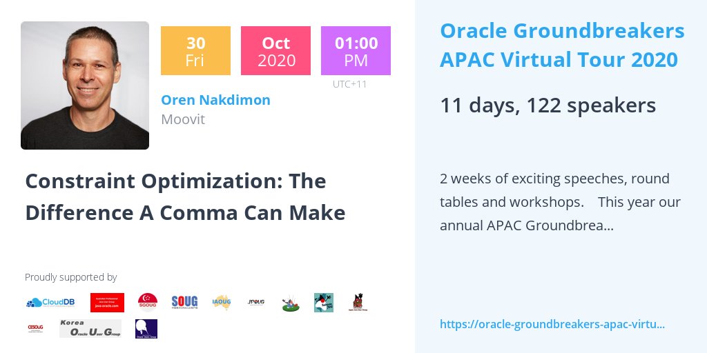 DBoriented's tweet image. Excited to be speaking at Oracle Groundbreakers APAC Virtual Tour 2020!

Check it out at …-apac-virtual-tour-2020.heysummit.com/talks/constrai…

RT if you think others will find this helpful

#oraclegroundbreakersapacvirtualtour2020 @oracleace @groundbreakers #ACED