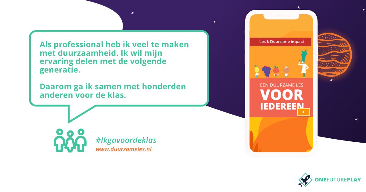 Ben jij een professional op het gebied van duurzaamheid? Doe dan mee met honderden anderen en geef een duurzame les aan groep 7 of 8. 
Voor meer info &amp; aanmelden 
👉 duurzameles.nl

#duurzaam #duurzaamheid #ikgavoordeklas