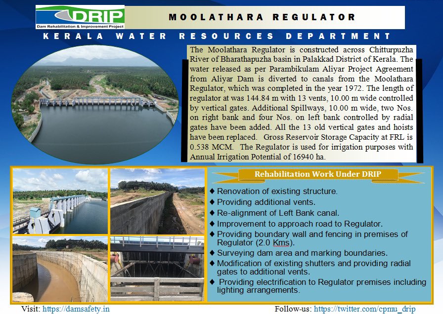 #Moolathara Regulator, owned and operated by #Kerala WRD has been rehabilitated under ongoing #DRIP, know some facts about this dam & Rehabilitation done @WorldBankIndia @CWCOfficial_GoI @ndmaindia  @MoJSDoWRRDGR @ICOLDCIGB @SPANCOLD @ICIMPACTS  @TVAnews @Dam_Safety