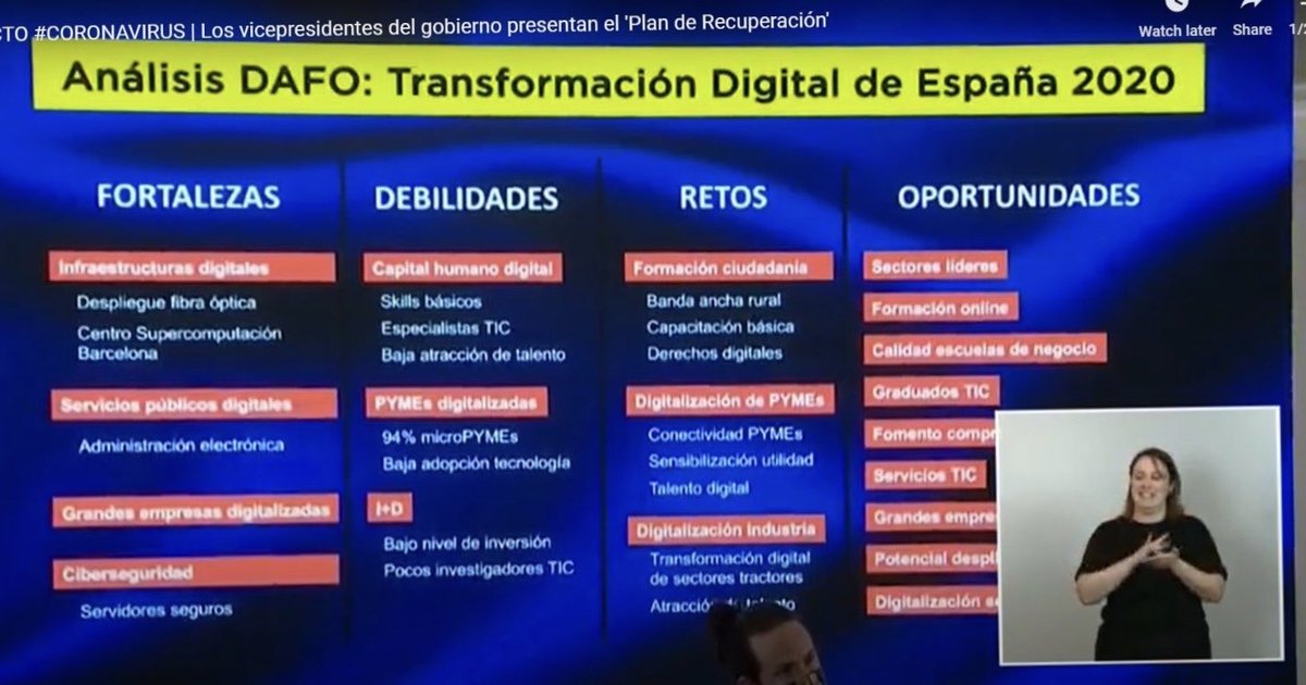 - Y haremos un DAFO como análisis en una sola página.
- ¿Un DAFO?
- Es el acrónimo de Debilidades, Amenazas, Fortalezas y Oportunidades.
- Hay que transmitir positividad. Quítame eso de Amenazas y pon Retos, pero deja DAFO que suena sofisticado. 
- Hágase.